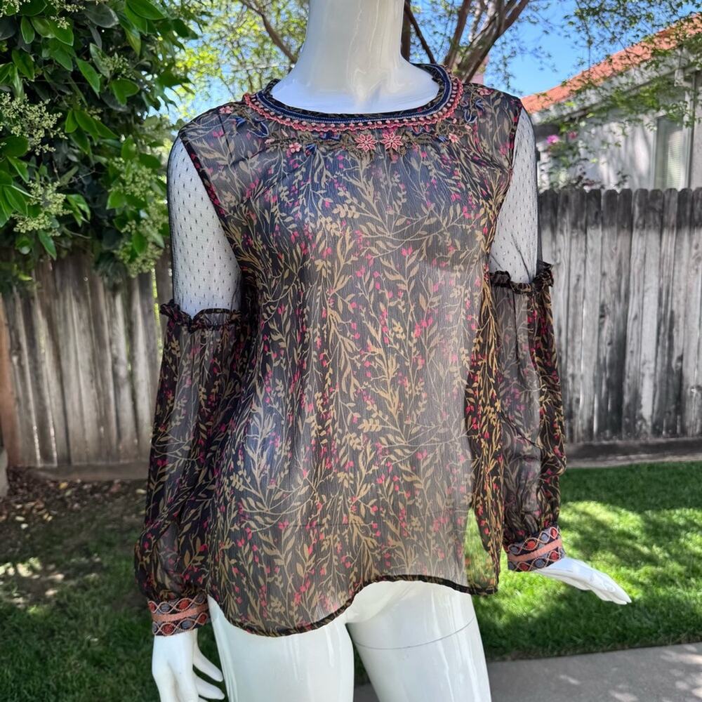 Zara Basic Sheer Black Embroidered Women's Size Small